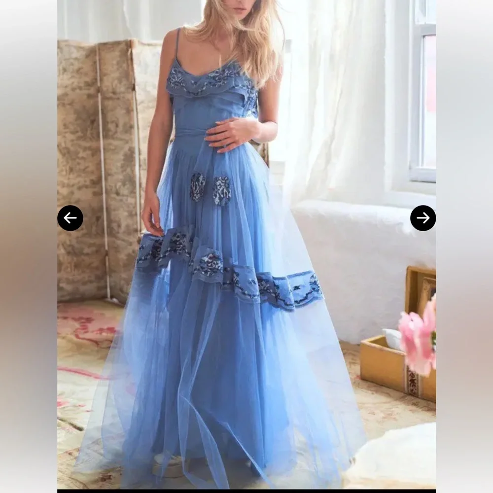 LoveShackFancy Avianna Dusty Blue Embroidered Tulle Maxi Dress